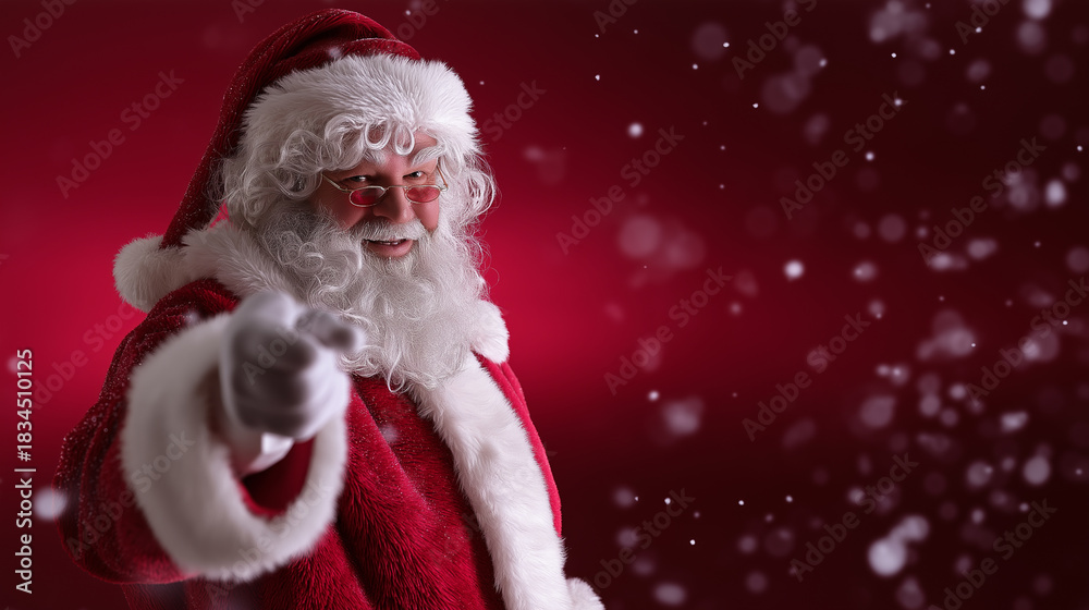 Naklejka premium A classic Santa Claus pointing directly at the viewer against a red snowy background. 