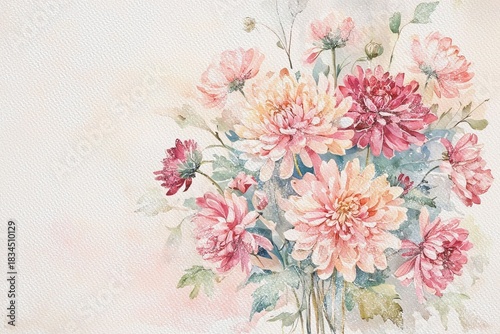 Chrysanthemums flowers on white aquarelle background