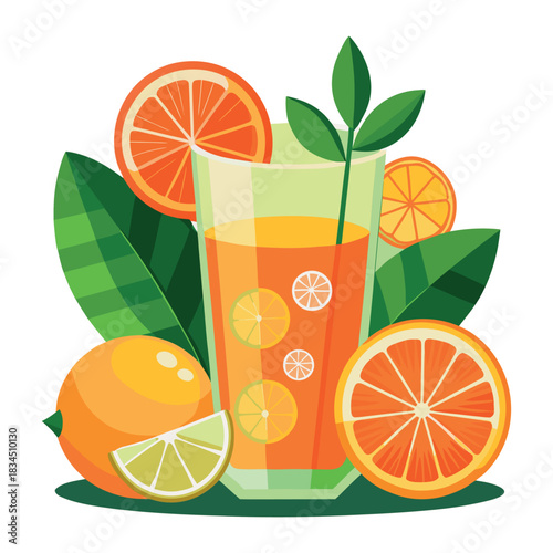 A glass of fresh orange juice with citrus fruits is a healthy, sweet, and bright breakfast drink full of vitamin C