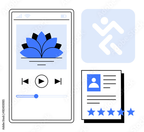 Digital media player with play controls, user profile documents with star ratings, and a fitness activity symbol. Ideal for app design, usability, fitness tracking, streaming, user evaluation
