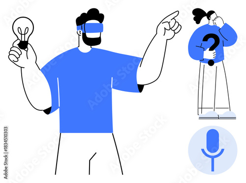 Technology, creativity, problem-solving, digital interaction, innovation, communication tools. A person using VR goggles holding a lightbulb, another pondering with a question mark. Technology