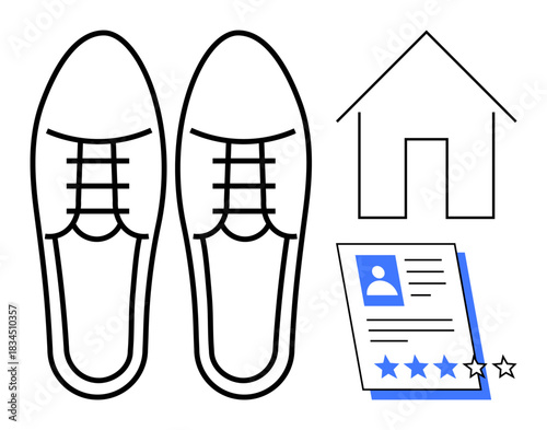 Formal shoes, outlined house, and employee resume with stars convey professionalism, work-life balance, and evaluation. Ideal for career, job search, recruitment, personal branding employment