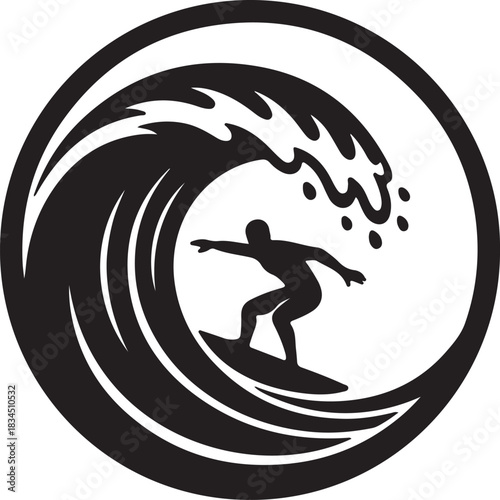 Surfer riding large ocean wave cresting within a circular frame, black silhouette illustration, dynamic water sport emblem design