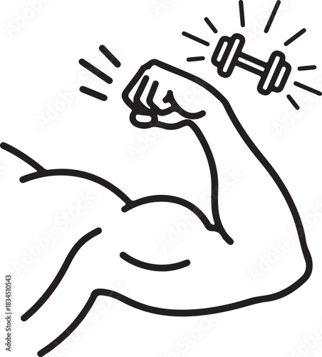 Strong flexing bicep arm with a dumbbell, representing power, exercise, gym workout, and physical fitness illustration vector art