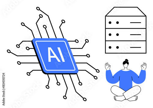 Artificial intelligence, machine learning, energy balance, digital storage, mental wellness, and innovation. AI chip with circuits, server box and meditating person. Artificial intelligence