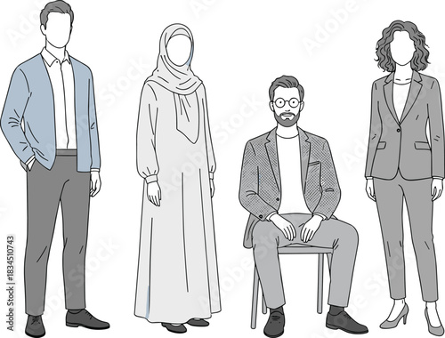 Diverse professional attire, cultural fashion, workplace inclusion, character design, vector people, CAD drawing, flat illustration, modern style, representation