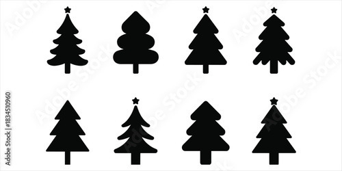 Collection of eight black Christmas tree icons with stars on a white background symbol