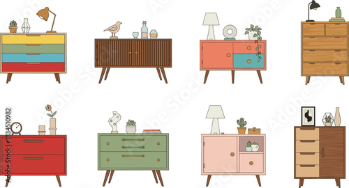 Mid-century dresser collection, home decor, interior furniture, colorful sideboards, vector layout, CAD drawing, flat illustration, room styling