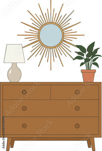 Mid-century dresser, sunburst mirror, table lamp, indoor decor, vector furniture, CAD drawing, flat illustration, home design, interior style