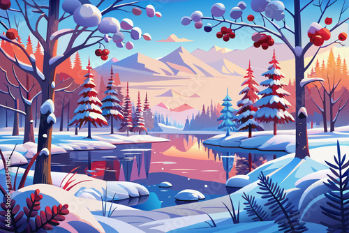 A quiet winter wonderland with snow-covered trees, red berries, and a quiet frozen lake at sunrise, quiet seasonal scenery, quiet natural scenery, and a quiet frosty morning setting.