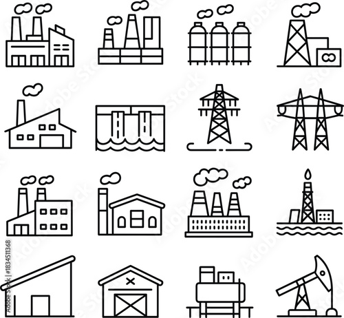 Industrial factory and power plant icons with smoke and water elements Keywords: factory, industrial, power plant, building