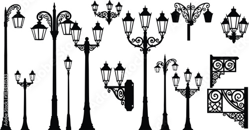 Collection of decorative street lamp post silhouettes on white background