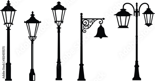 Silhouette of vintage street lamps and lanterns vector illustration