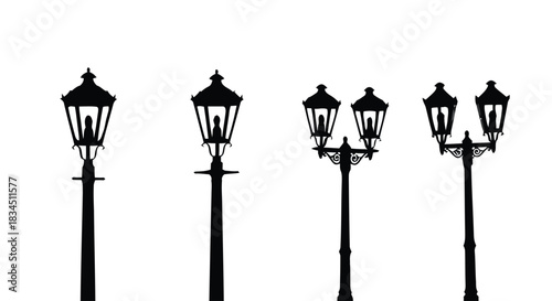 Silhouette of vintage street lamps against a white background