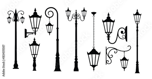 Collection of vintage street lamp silhouettes on white background