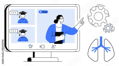Online learning, education technology, virtual classes, medical training, teamwork, healthcare. Screen showing a tutor teaching students, gears and lungs illustration. Online learning and education