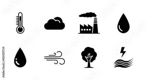 Climate change icons illustrating temperature pollution rain wind and energy