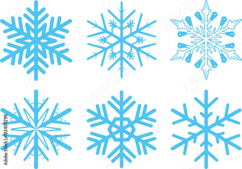 Six distinct blue snowflake icons with intricate crystalline designs Keywords: snowflake, ice crystal, winter, blue, white