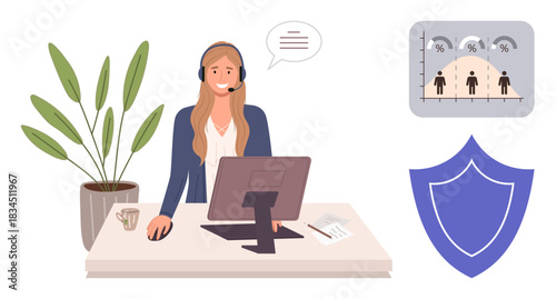 Professional woman at workstation with headset, speaking bubble, monitor, shield icon, and data chart. Ideal for customer support, online communication, cybersecurity, analytics workflow teamwork