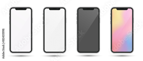 Set of vector smartphone mockups with white, transparent, black and color screens on a transparent background, front view phone templates for app presentation and user interface design.