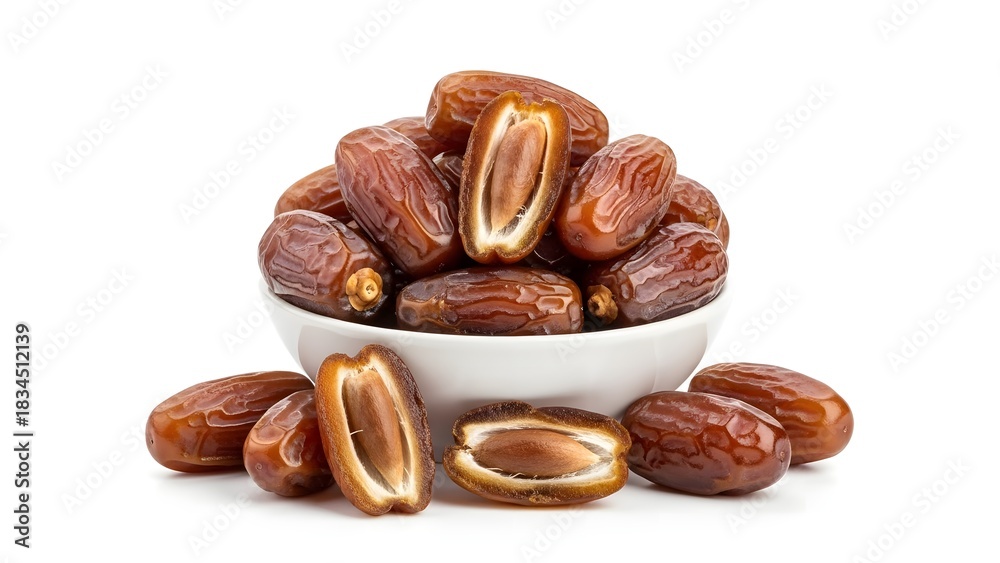 Obraz premium A bowl filled with fresh dates on wooden table, isolated white with copy space, ideal for a Ramadan and Eid al-Fitr themed background.