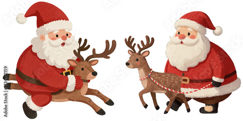Santa Claus riding his reindeer in a festive winter scene transparent clipart PNG