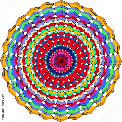 Vibrant and colorful geometric mandala design featuring intricate concentric patterns and sharp zigzag shapes in a radial composition