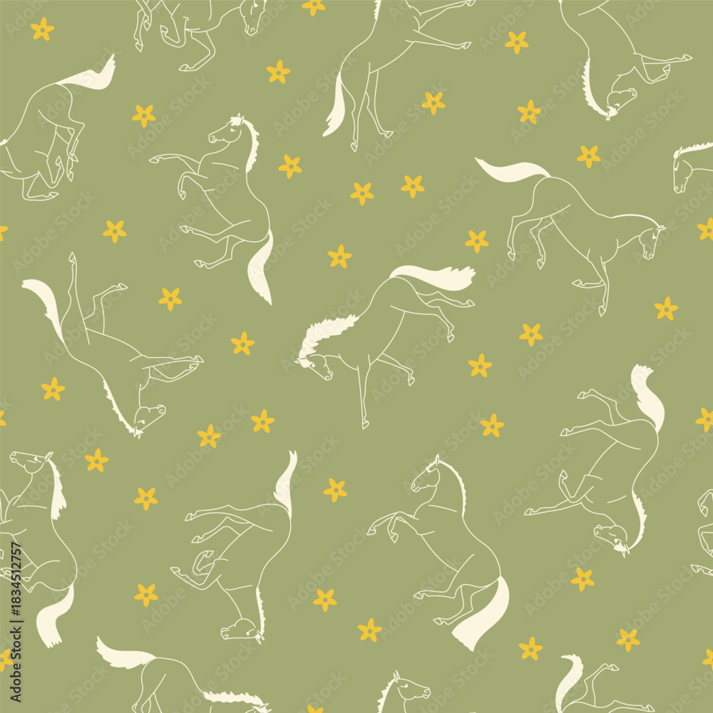 Fototapeta premium Seamless pattern with outlined horses and yellow flowers on a soft olive green background