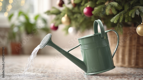 Watering christmas tree with watering can for healthy holiday decor
