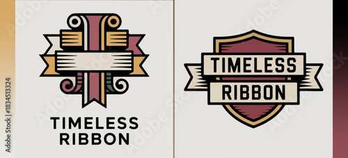 Timeless Ribbon scroll emblems with cross and shield, classic curled banner logo set, elegant heraldic vector icons for titles, labels, awards and branding