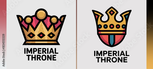 Imperial Throne crown icons with opulent gems, majestic royal logo set, heritage heraldic vector marks for dynasty events, premium products and branding