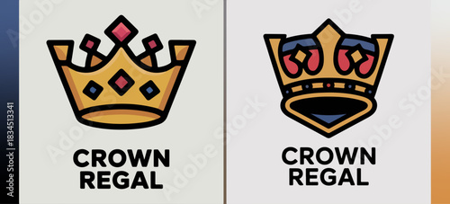 Crown Regal icons with jeweled tiaras, royal headpiece logo set, luxury heraldic vector marks for premium brands, ceremonies, pageants and event branding
