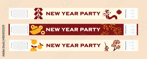 Chinese New Year celebration wristbands featuring lanterns, plum blossoms, dragon motifs and traditional festival elements. Red and gold party bracelet design.
