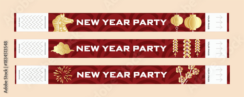 Printable Chinese New Year wristbands for party events with red and gold ornaments, firecrackers, zodiac icons and festive symbols. Celebration bracelet design. 2026 year of horse