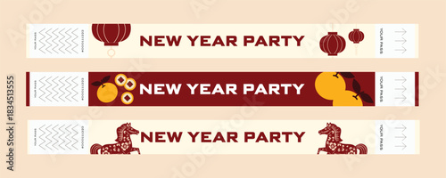 Chinese New Year party wristbands set in traditional red and gold style with lanterns, zodiac symbols and festive decorations. Printable event bracelets for New Year celebration. 2026 year of horse
