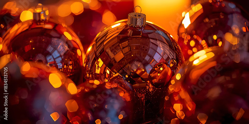 Close-up of shiny red Christmas ornaments with warm glowing bokeh lights creating festive cozy atmosphere
