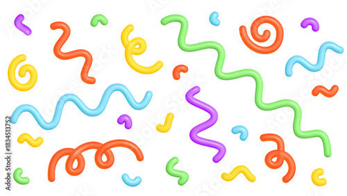 Abstract line shape pattern. 3d spiral, squiggle, wave colorful elements an white background. Fun doodle kid swirl, spiral, curve. Vector illustration for birthday, carnival, childish holiday design