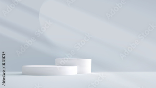 White podiums in gray product studio. Shadow and light grey wall stage platform. Mockup empty studio room, abstract scene. presentation backdrop. Vector illustration modern template