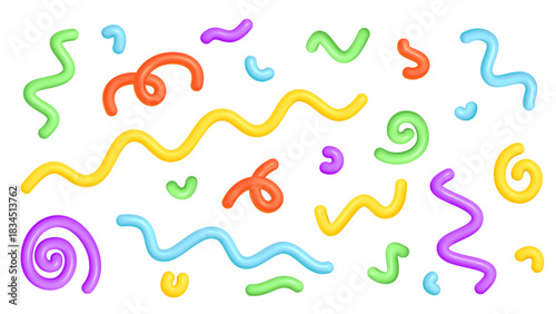 Abstract line shape pattern. 3d spiral, squiggle, wave colorful elements an white background. Fun doodle kid swirl, spiral, curve. Vector illustration for birthday, carnival, childish holiday design