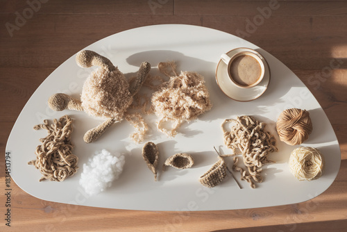 Crochet Toy in Progress with Yarn and Coffee on White Tabletop