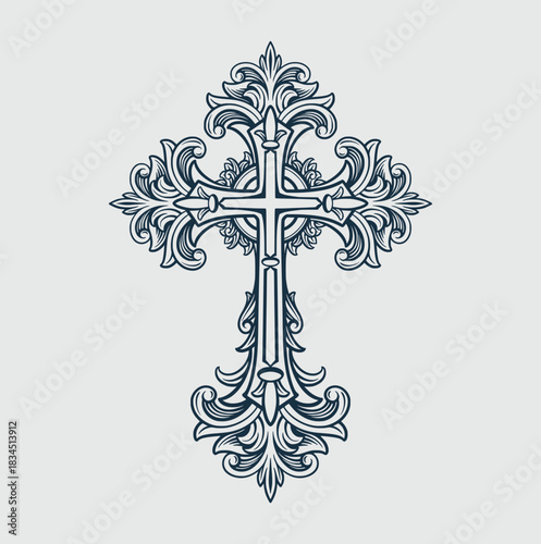 Ornate decorative Christian cross with intricate scrollwork and vintage engraving style on a light background.