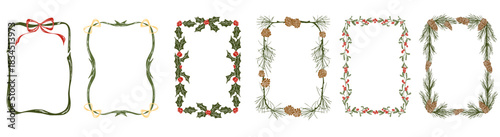 Set of Christmas frames with holly, pine, berries, garlands and ribbons in whimsical vintage style. Minimalist line art. Trendy hand drawn doodle illustration for invitation, greeting card, poster