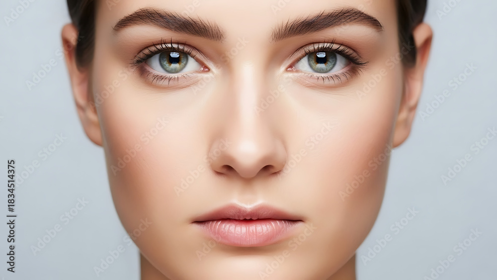 Fototapeta premium Close-up face portrait with perfect even lighting, neutral expression, clean backdrop
