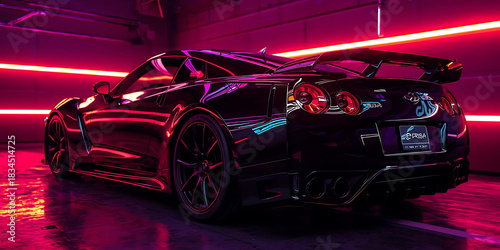 Sleek black sports car with tinted windows in neon-lit garage, exuding futuristic dynamic ambiance