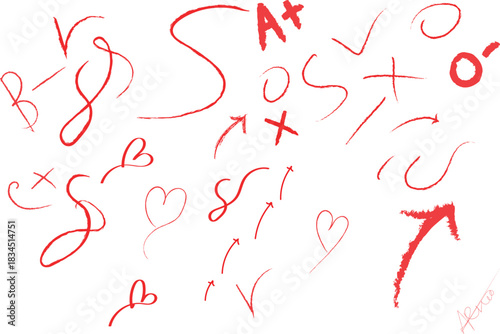 Hand drawn red marks, checks, hearts, and arrows isolated on white.