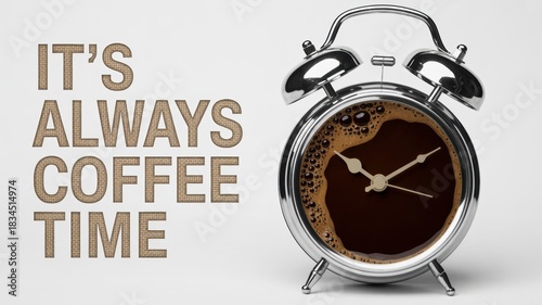 An alarm clock with two bells in an unusual style. Instead of a dial, dark coffee with foaming cream in the shape of a clock is depicted in the center. The text is 