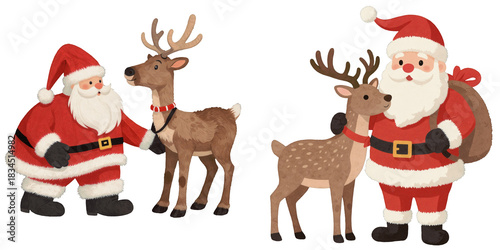 Cute cartoon Santa Claus and reindeer with antlers illustration isolated for a Christmas vector graphic transparent clipart