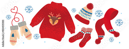 Winter warm sweater of red color. Gloves, hat, snowflakes. Christmas mood