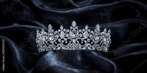 Shimmering intricate diamond tiara on luxurious black satin evoking elegance, royalty, and beautifully reflected light