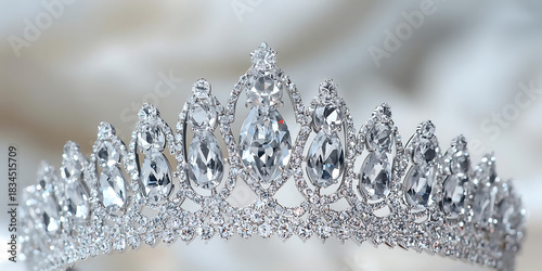 Sparkling silver tiara with large clear gemstones on soft white background conveying elegance and luxury